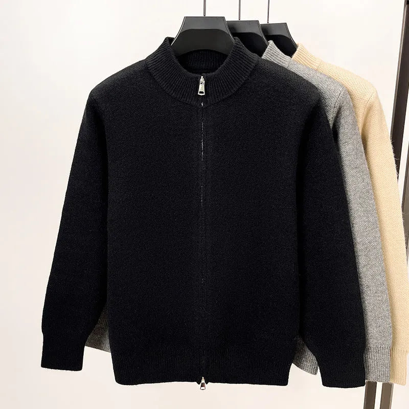 Men's high-neck zip-front cardigan in loose fit knitted fabric, shown in beige colour