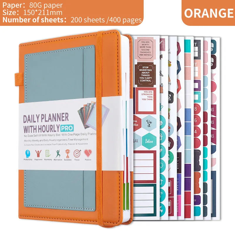 Self-filled no-date notebook with thread binding, showing PU cover in purple with planning stickers