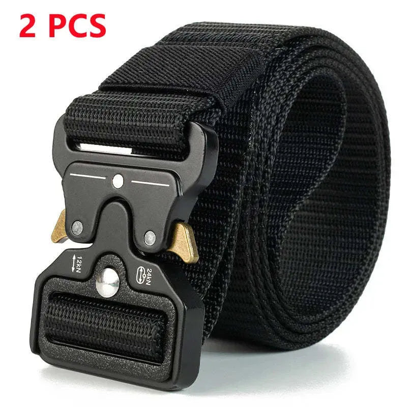 Men's thick canvas tactical belt with alloy release buckle, shown in multiple colour options including Army Green and black.