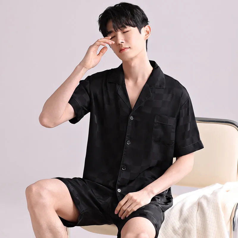 Men's ice silk summer pyjama set with cardigan top and shorts in satin jacquard pattern