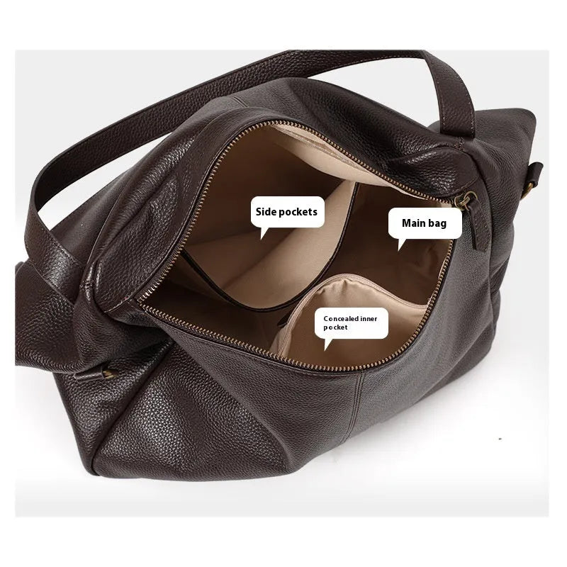 Brown genuine leather women's shoulder bag with horizontal square shape and internal organiser compartment