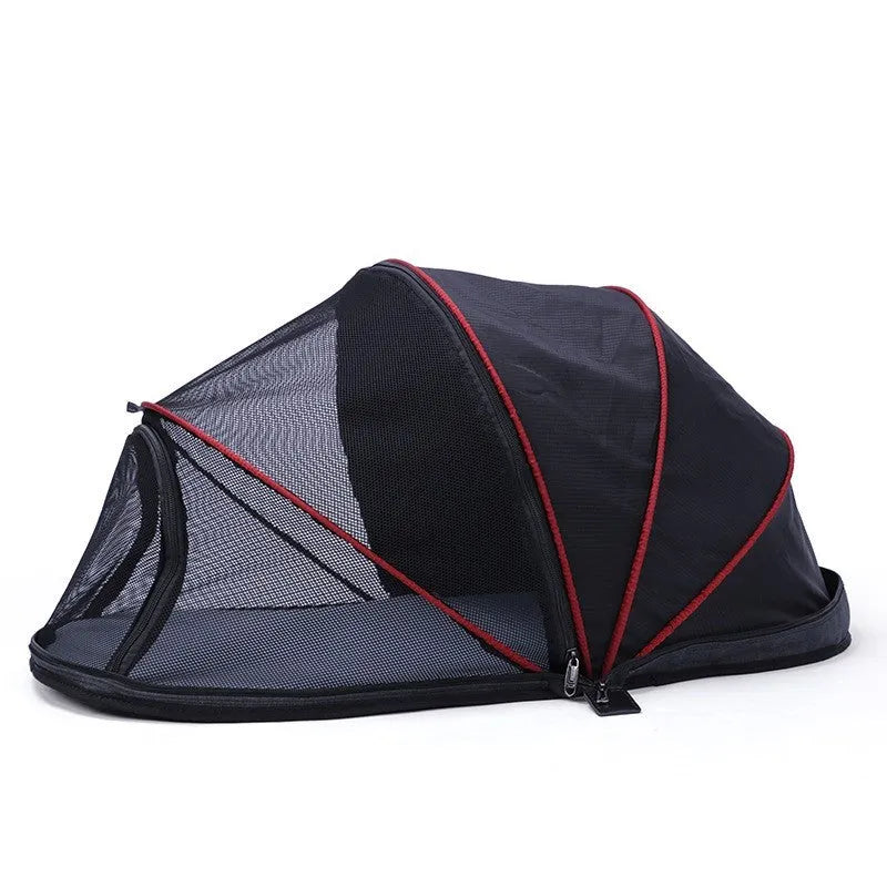 Foldable black and blue half mesh cat travel tent in collapsed and set-up positions