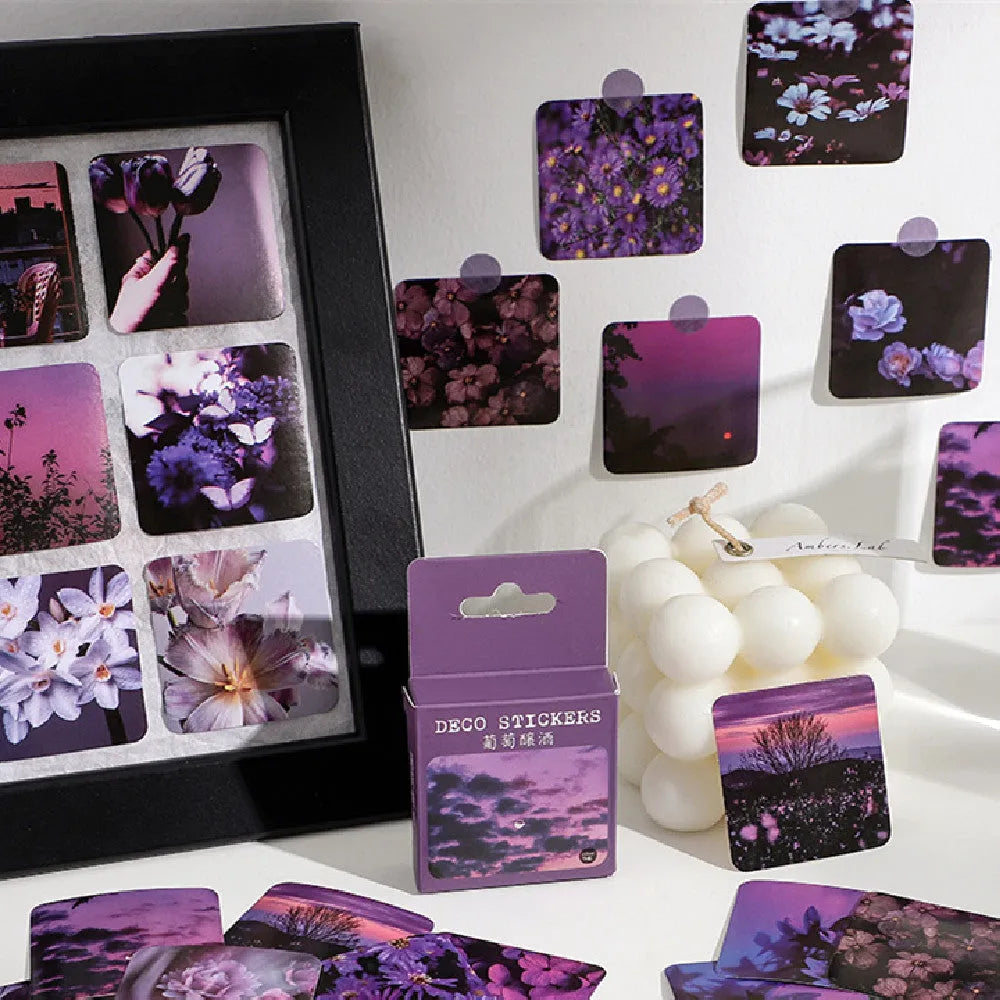 Box containing 46 decorative Nordic style stickers in six colour themes, each sheet 44mm by 44mm.