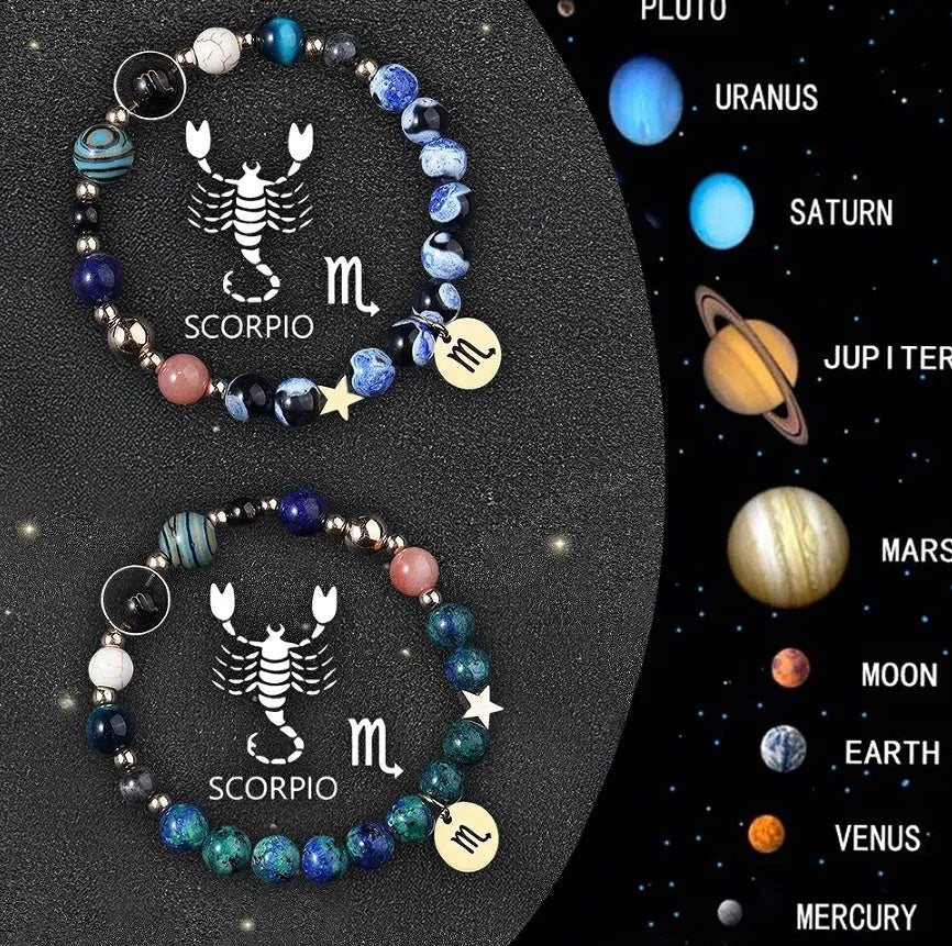 Two natural stone beaded bracelets with zodiac sign charms on a dark background.