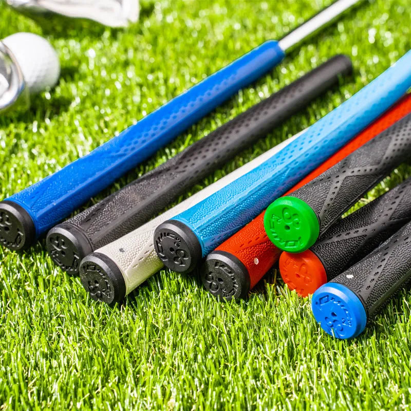 TPE rubber golf club grip in assorted colours including pink, red, blue, white, and black with coloured head accents.