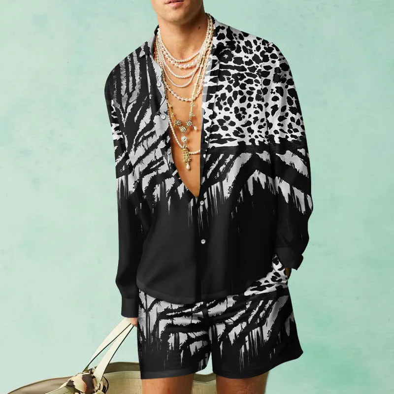 Men's loose fit slim style long sleeve shirt and matching shorts set on a hanger.
