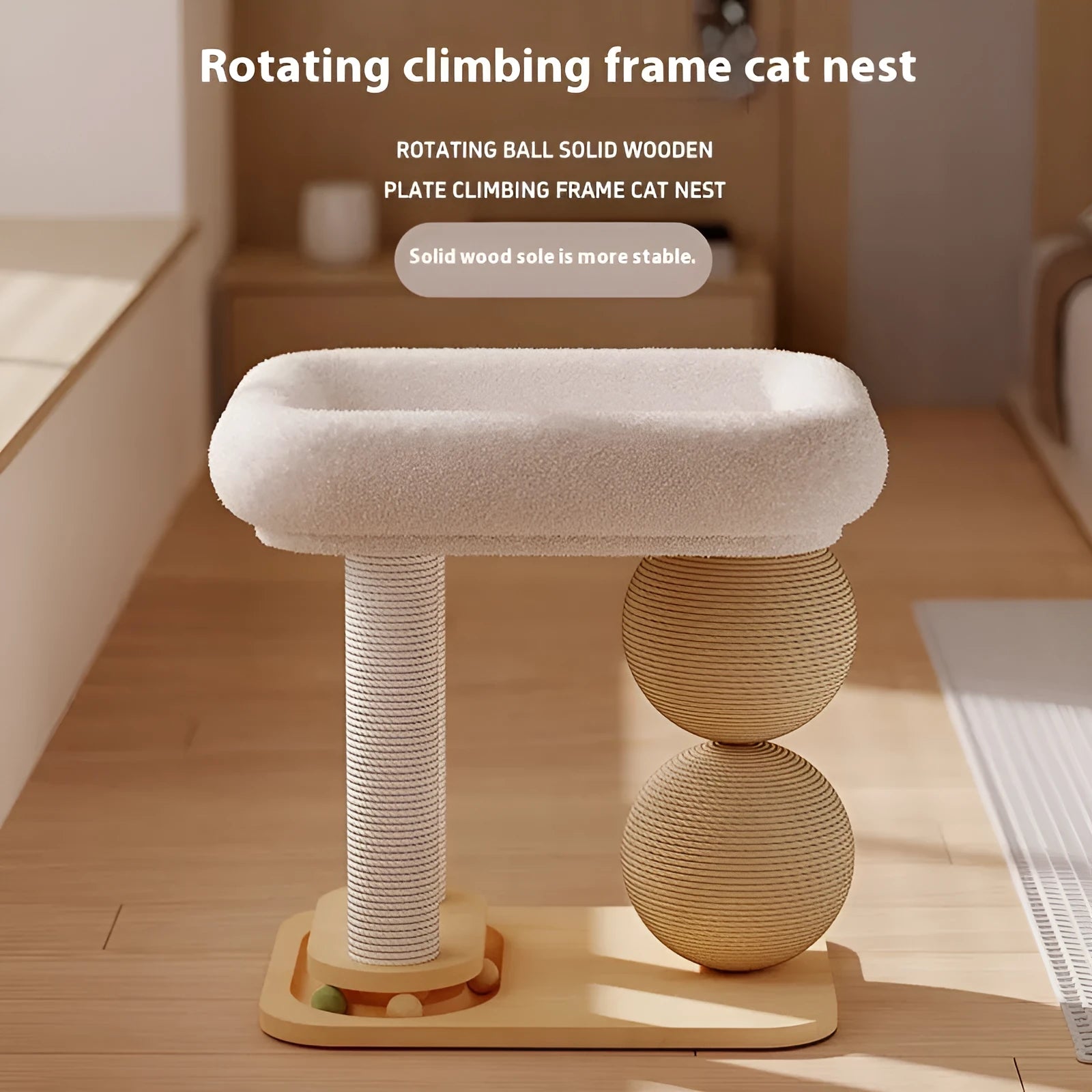 Pine wood cat nest with attached grasping balls in sisal and summer mat style options.