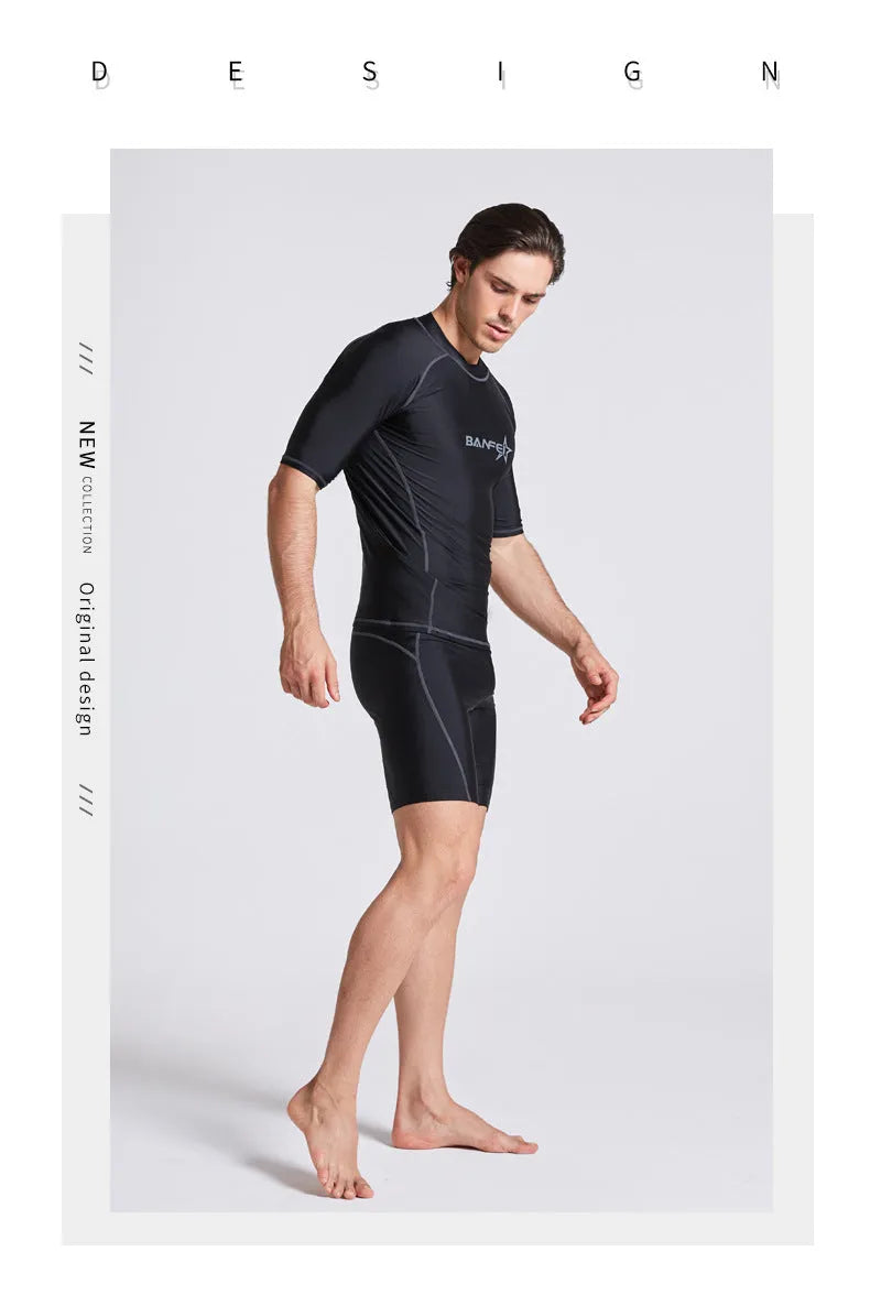 Men's navy blue half sleeve swimsuit top and pants set for swimming