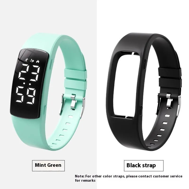 Black vibration alarm smart watch with LED display and silicone strap on a wrist.