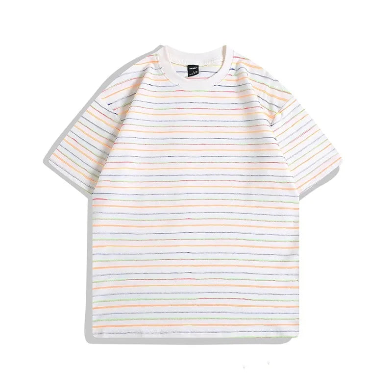 Loose fit striped couple T-shirt in apricot colour with round neck and half sleeves