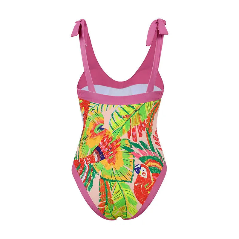 Pink floral print retro one-piece swimsuit with V-neck and thin skirt for women.