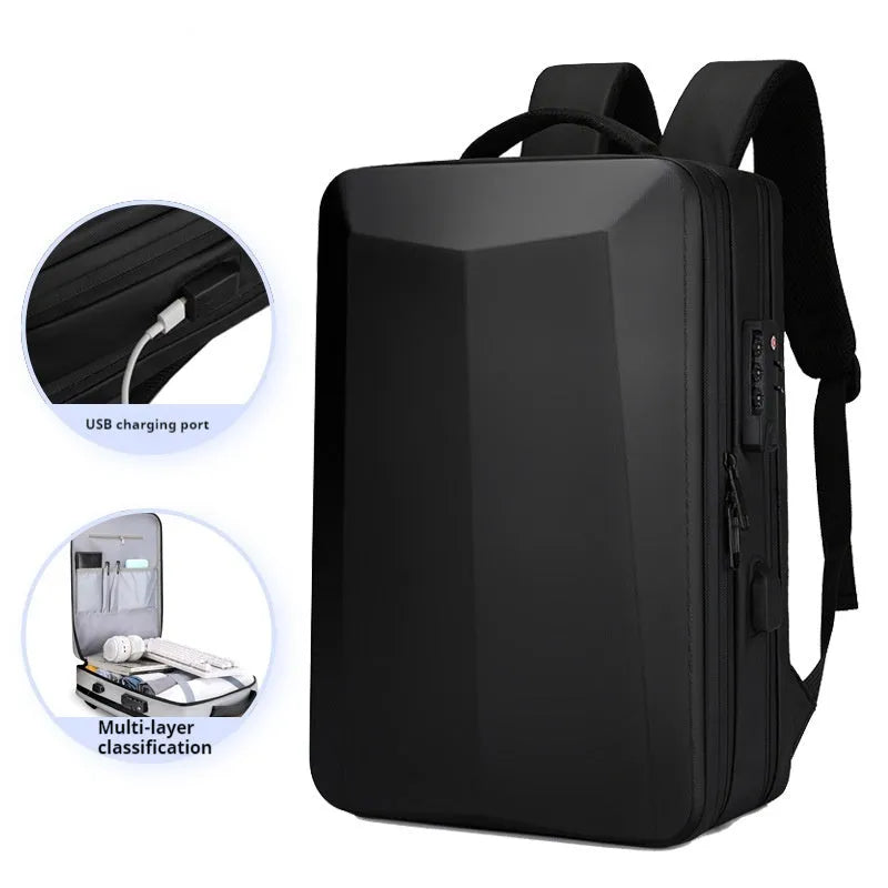 Black waterproof business backpack with curved shoulder straps and splicing design elements