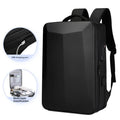 Black waterproof business backpack with curved shoulder straps and splicing design elements