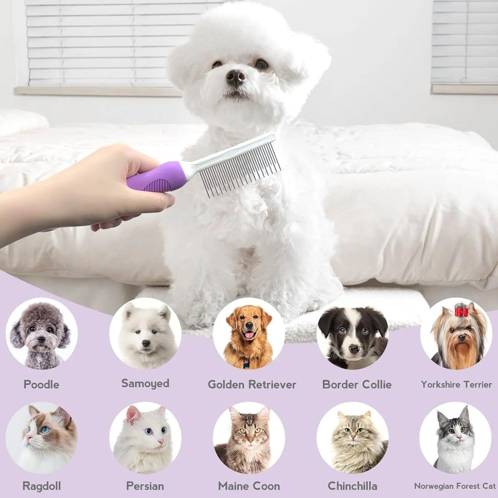 Purple pet detangling comb with stainless steel teeth and ergonomic handle for dog and cat grooming