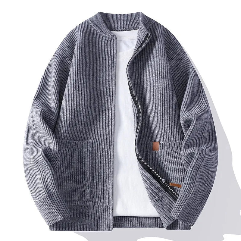 Men's striped sweater cardigan jacket in a polyvinyl alcohol fibre blend, shown in beige colour.