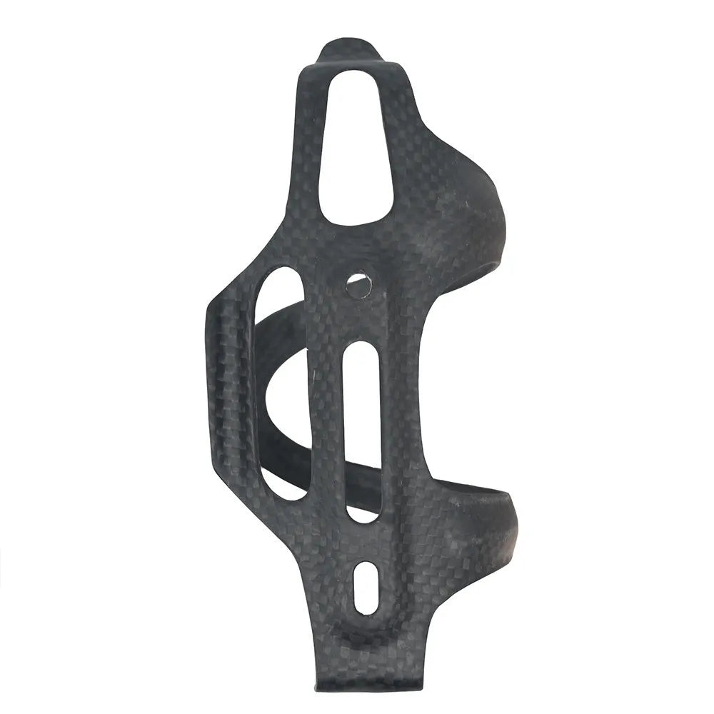 Black carbon fibre side pull bicycle water bottle cage showing mounting holes and bottle retention shape