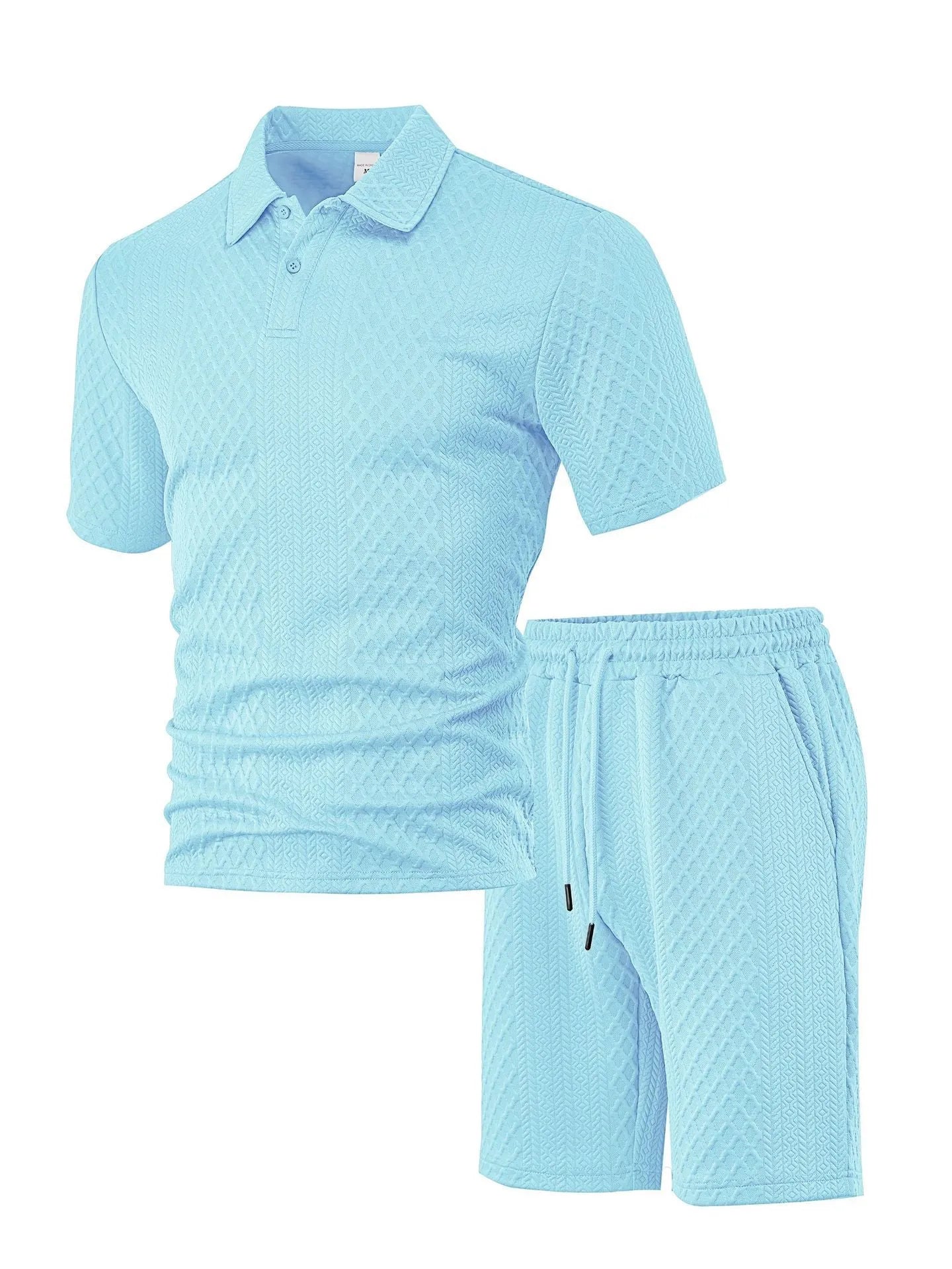 Men's figured cloth short sleeve suit with polo shirt and matching trousers in sports leisure style