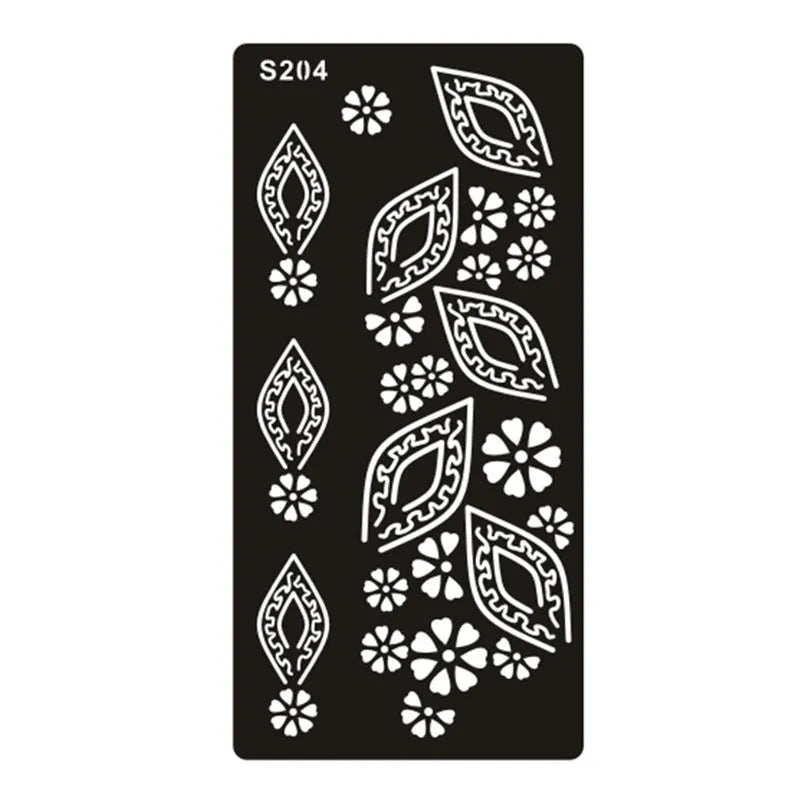 Sheet of hollow geometric and Southeast Asian style temporary tattoo templates on water transfer paper.