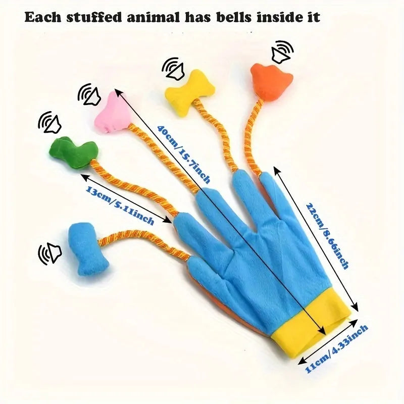 Yellow and blue plush glove cat toy with bell and detachable trailer measuring 40cm
