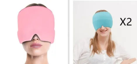 Black adjustable cold compress gel eye mask for headache relief on a plain background.