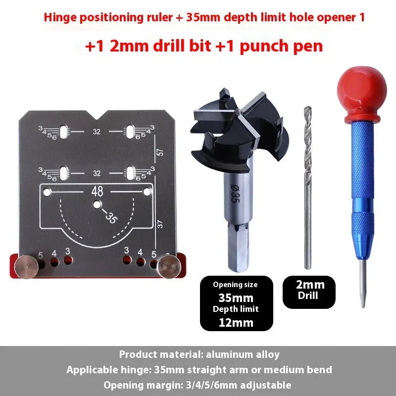 Red aluminium alloy hinge locating rule for installing 35mm cabinet door hinges with adjustable margin settings.
