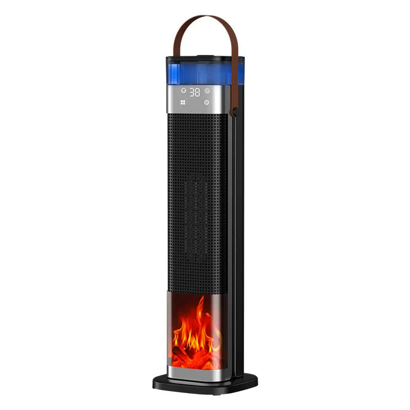 Slim white vertical tower heater with humidification function and remote control on a wooden floor.
