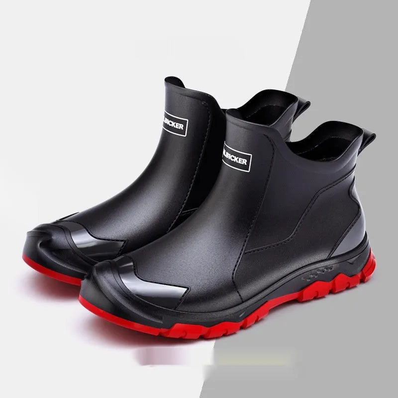Short tube PVC wading shoe covers with round toe and non-slip plastic sole in solid colour.