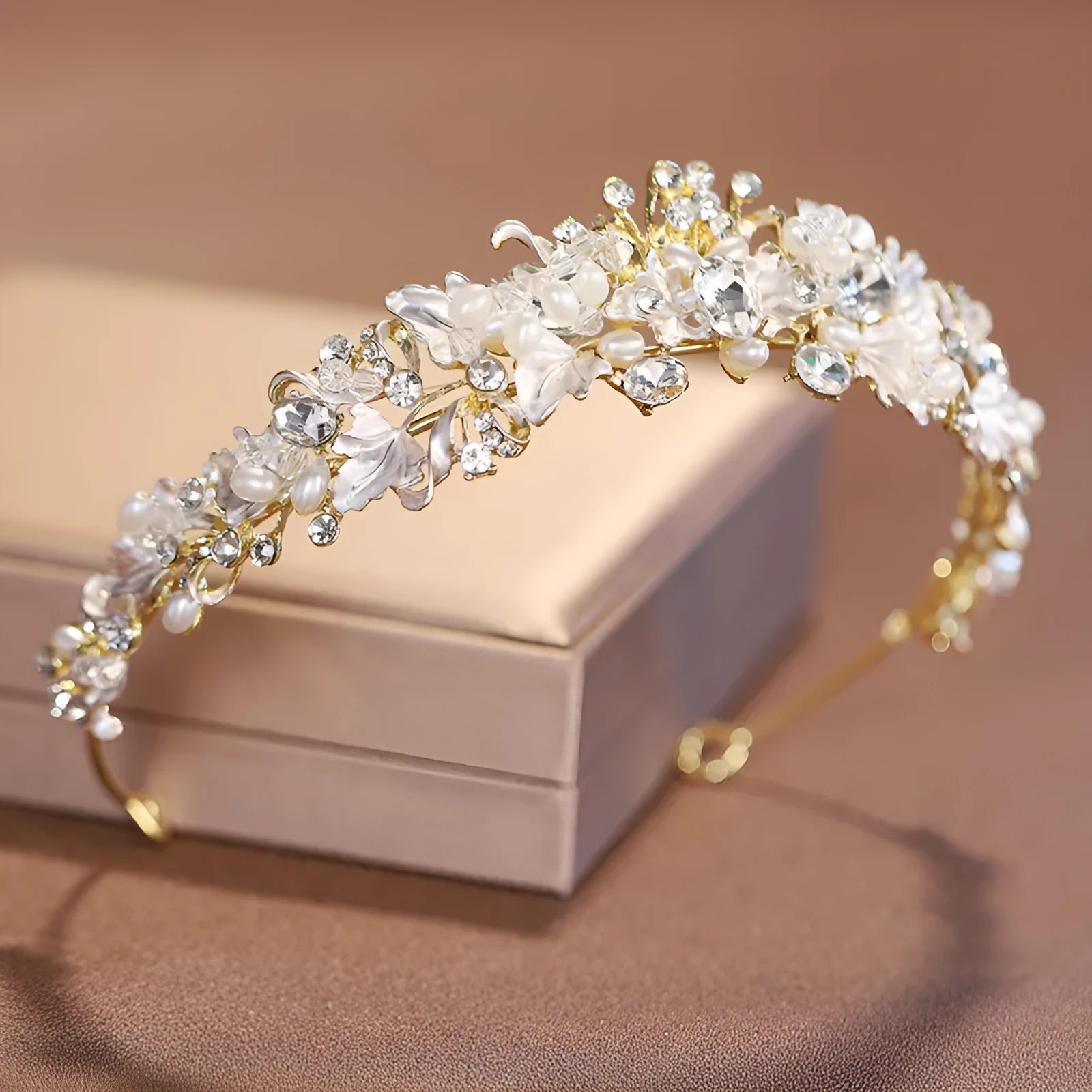 Women's pearl crown headdress hair accessory with electroplated alloy construction in gold or silver colour