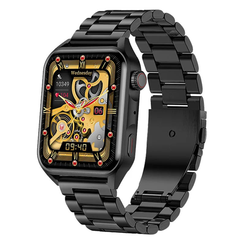Silver grey smart watch with AMOLED screen and black silicone wrist strap on a wrist.