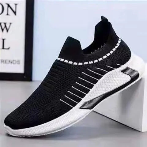 Men's striped mesh sock shoes with flyknit upper and lace-up front