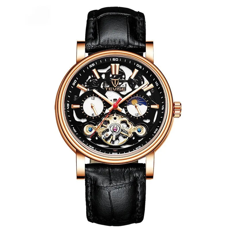 Men's mechanical watch with visible tourbillon, luminous dial, in rose black colour.