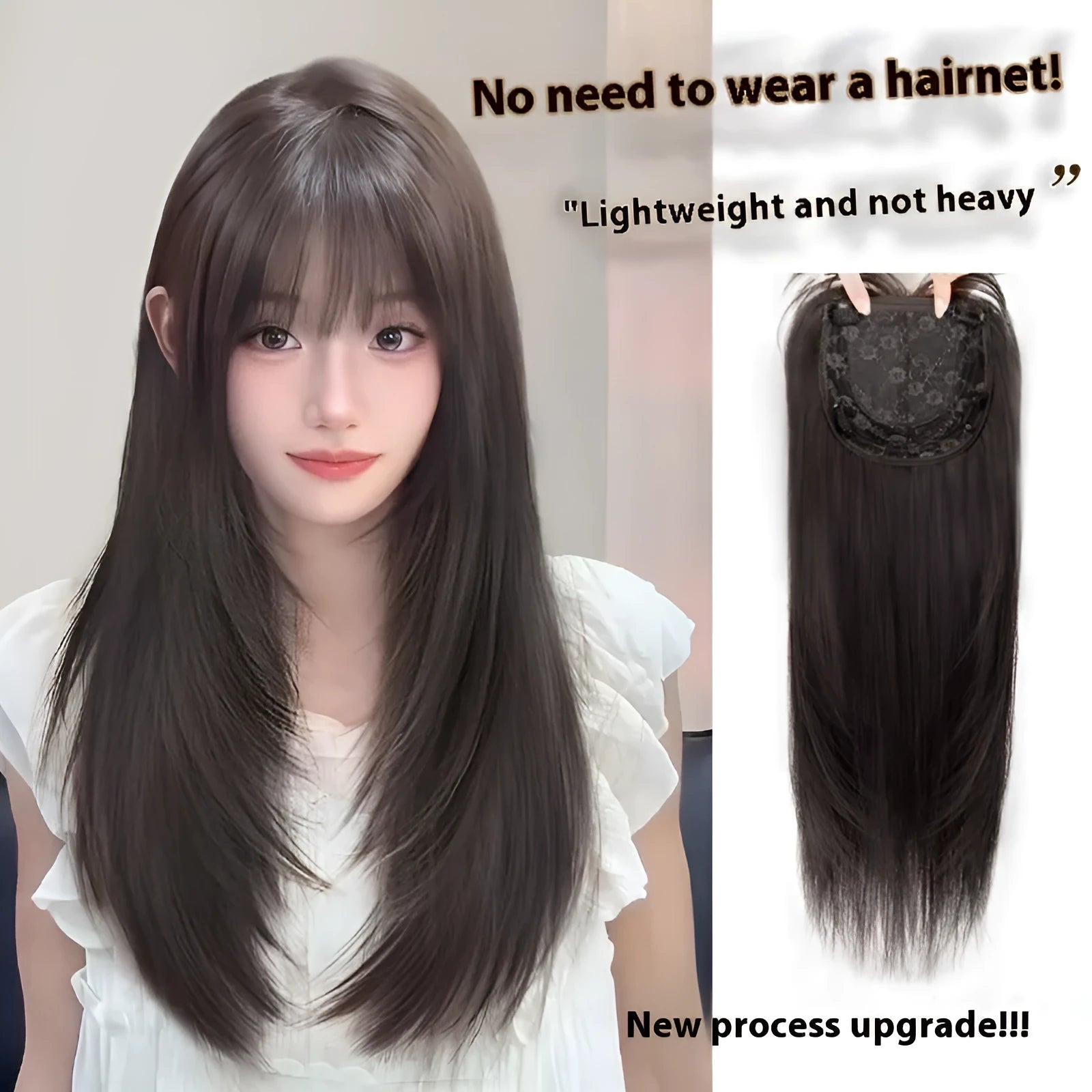 Black long straight high-layered women's wig with full-head hair net construction