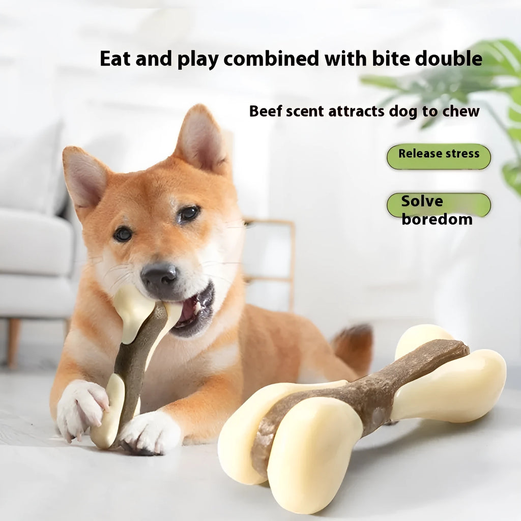 Cowhide and nylon bone grinding rod chew toy for dogs in large and small size options