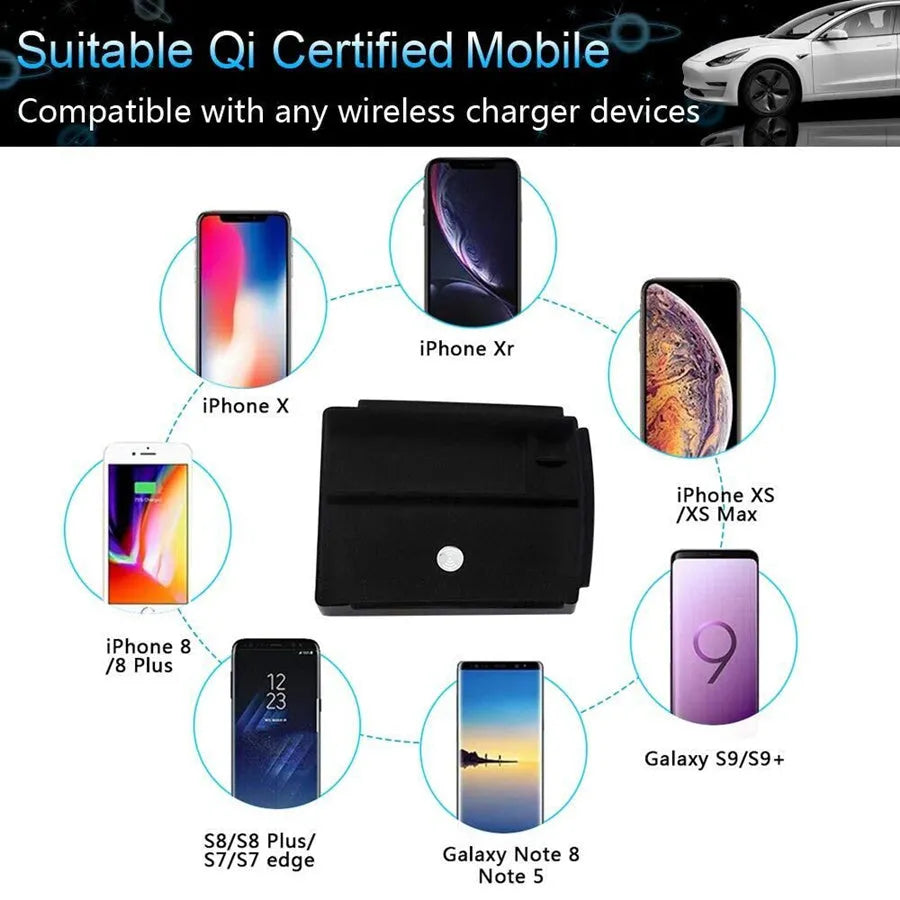 Black wireless charging storage box with QI compatibility and fast charging support
