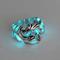 Chinese style luminous dragon pattern ring in antique silver blue and green on a metal adjustable band.