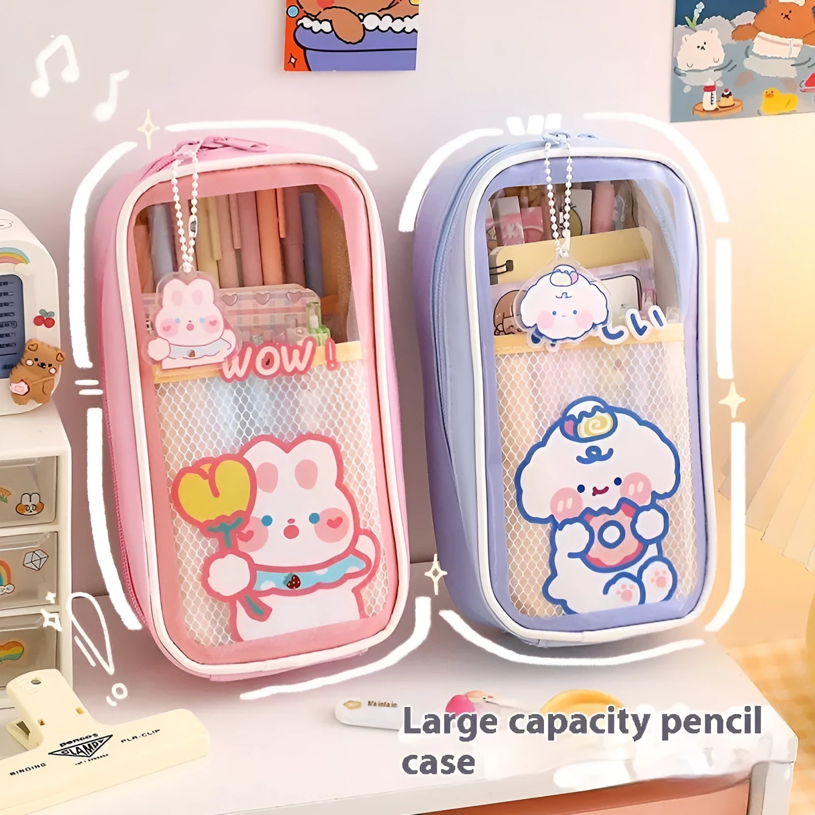 Transparent cartoon pencil case with large capacity and vertical South Korea style patterns