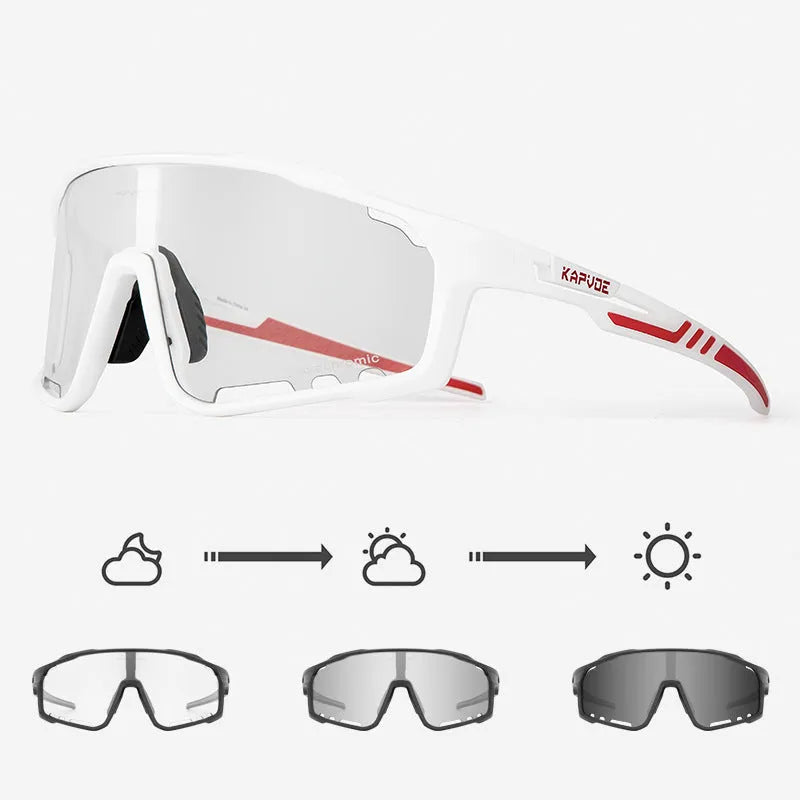 Photochromic cycling sunglasses with a semi-rimless TR90 frame on a solid colour background.