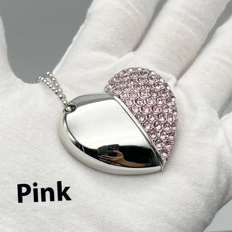 Heart-shaped brick pattern USB flash drive in blue, showing metal shell and USB connector.