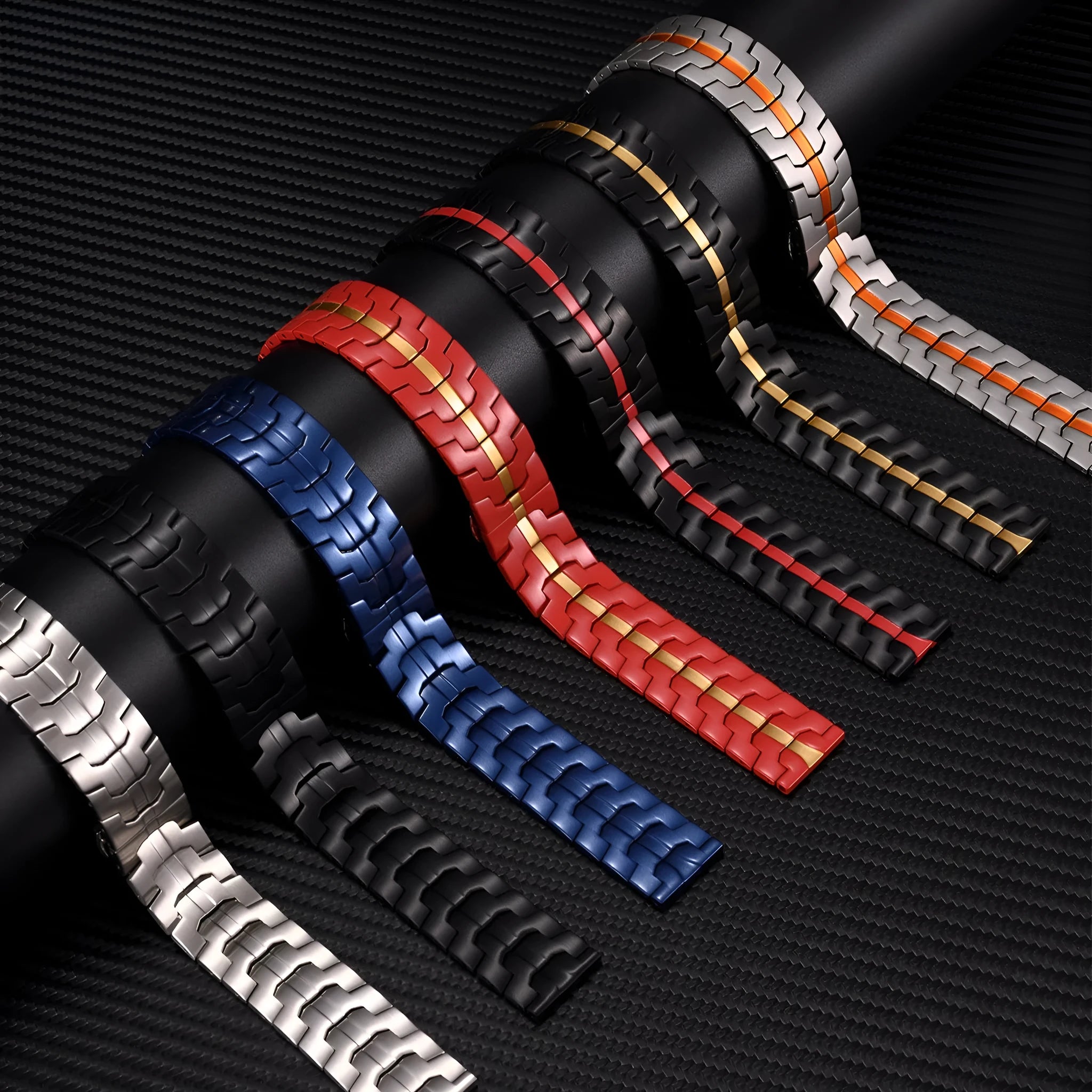 Stainless steel replacement watch band for Samsung Watch models in silver and black colour options
