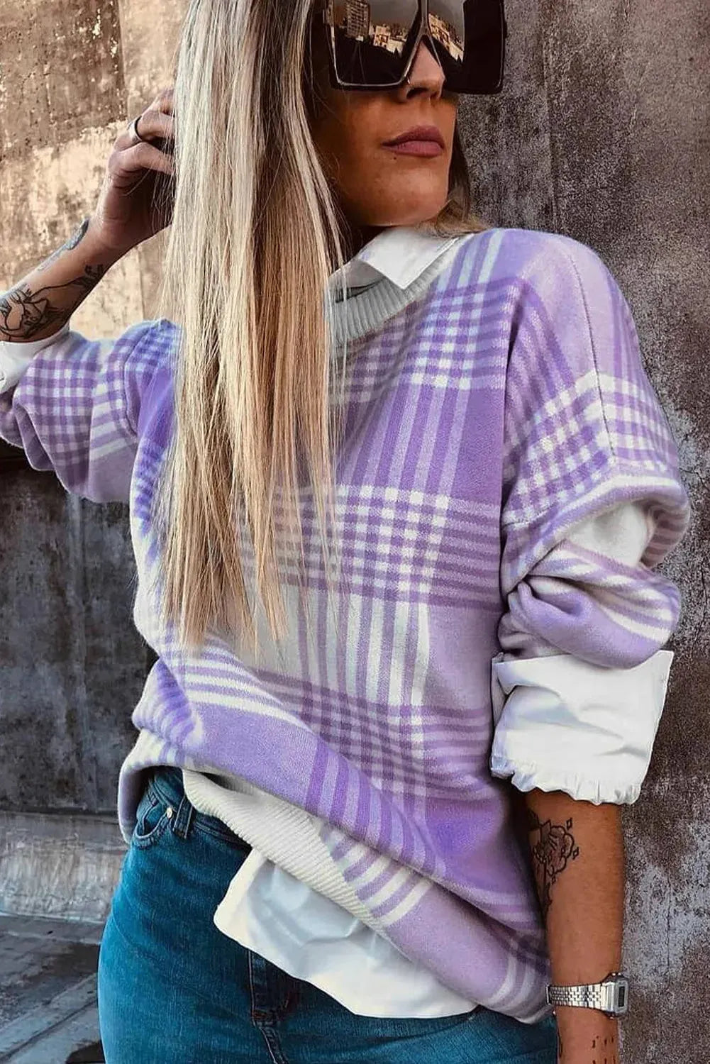Lilac plaid print loose fit long sleeve sweater with ribbed collar and cuffs