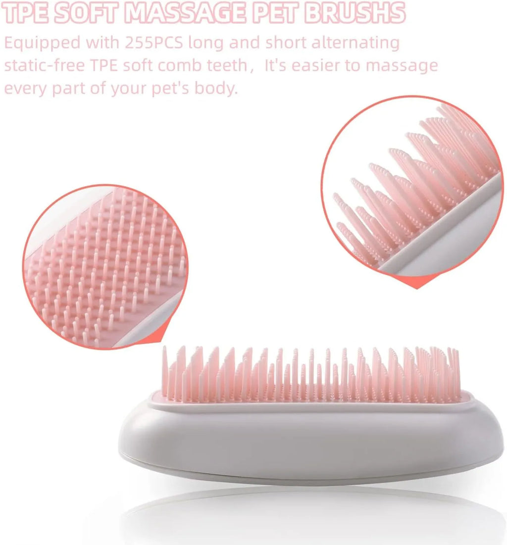 Pink handheld electric pet grooming brush with soft TPE teeth on a white background.