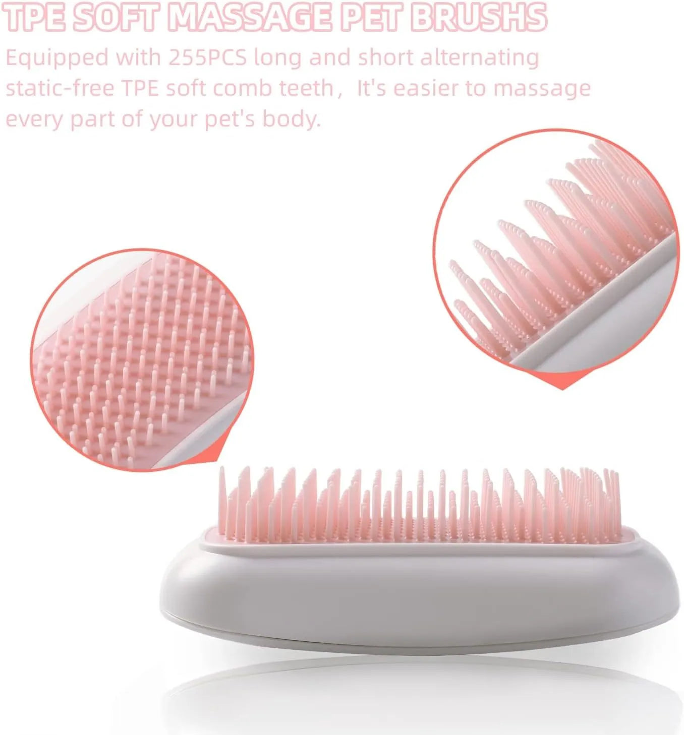 Pink handheld electric pet grooming brush with soft TPE teeth on a white background.