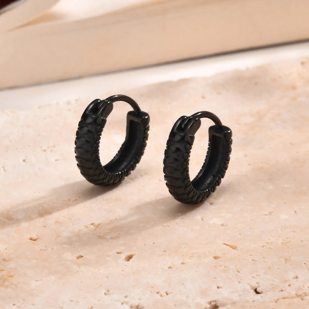 Stainless steel snake pattern earrings with butterfly clip fastening in black or gold finish