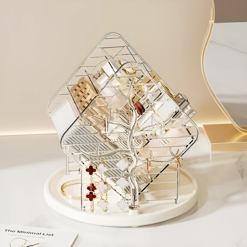 Rotating cosmetics storage box in clear and amber gold colours showing 360-degree rotation mechanism