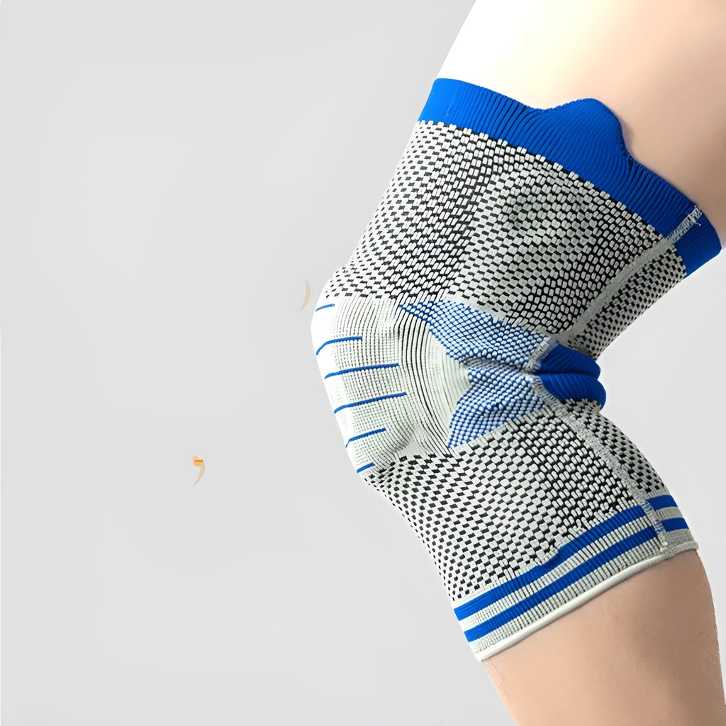 Silicone massage spring bar knee pad in black and blue cotton material for sports safety