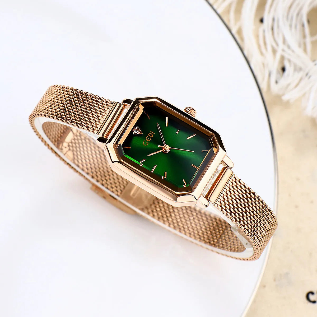 Women's square retro casual watch with rose gold case in six colour variations