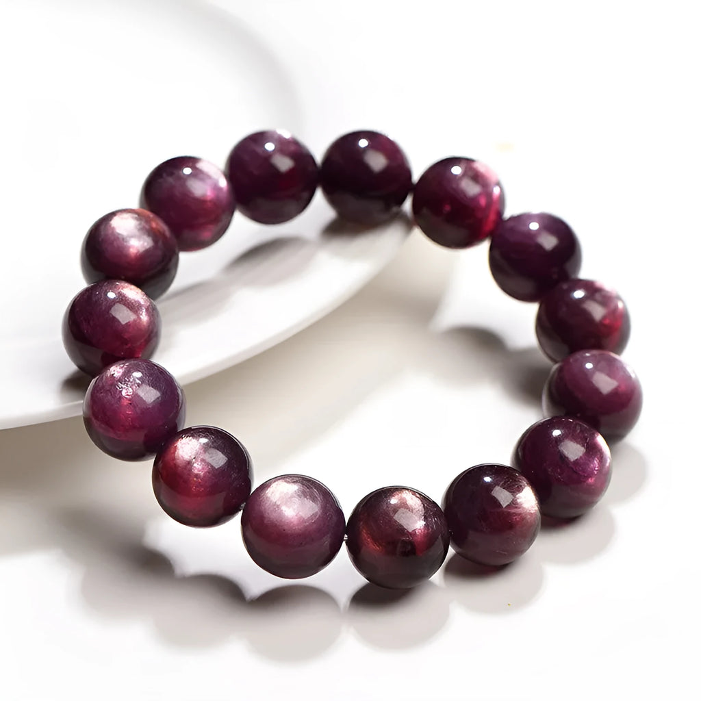 Natural purple lepidolite crystal bracelet with polished round beads in geometric shape