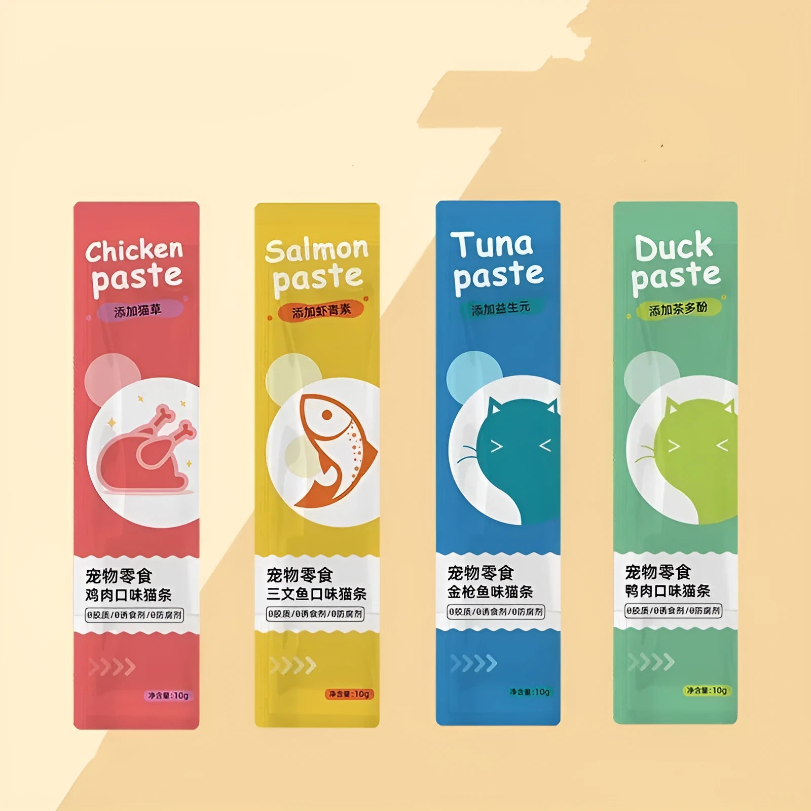 Cat strip snack pack for kittens with four flavour varieties in 10-strip packaging