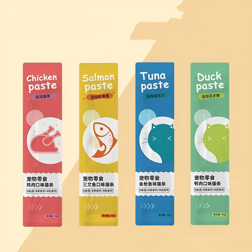 Cat strip snack pack for kittens with four flavour varieties in 10-strip packaging