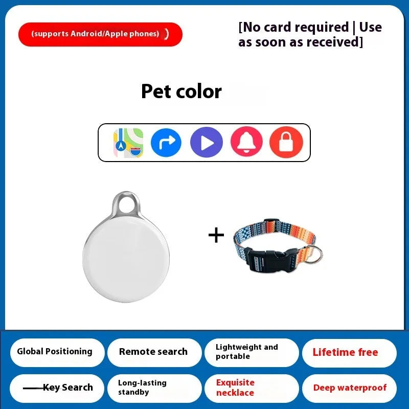 A white GPS pet tracker device attached to a black dog collar on a grass background.